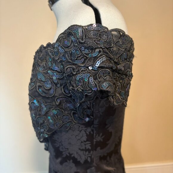 JESSICA McCLINTOCK Off-Shoulder Damask + Sequins Black Party Dress | 80s Size 4 - Picture 6 of 11